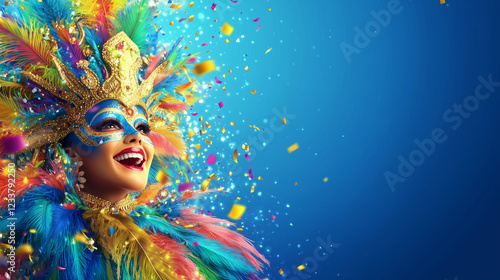 Carnaval de Rio de Janeiro banner with bright blue and gold gradient background, a samba dancer wearing a colorful feather costume on the left side with a cheerful expression