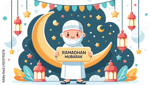 Ramadhan Mubarak Greeting, A character wearing traditional attire (e.g., a hijab and a kufi cap) holding a 'Ramadhan Mubarak' banner, surrounded by crescent moons, stars, and colorful lanterns