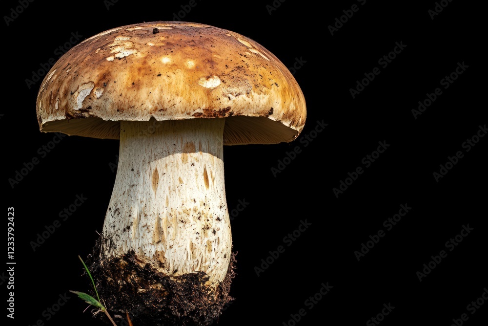 A Single Brown And White Mushroom Against A Black Background A Single Brown And White Mushroom Against A Black Background