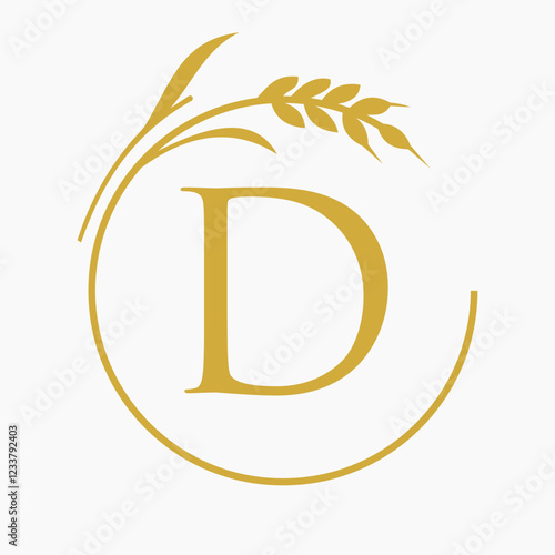 Monogram Letter D Bakery Logo Concept With Grain Wheat Symbol Vector Template