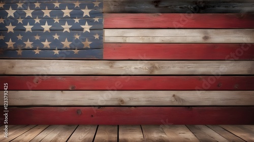A weathered wooden surface with a folded American flag, vintage star decorations, and room for text. For Presidents' Day.
