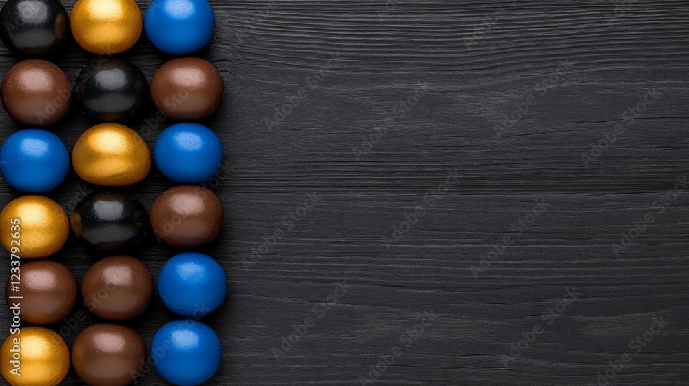 Abstract Colorful Spheres on Black Wood: A captivating visual of glossy spherical objects in black, gold, brown, and blue arranged in a vertical row against a dark woodgrain backdrop. Abstract Colorful Spheres on Black Wood: A captivating visual of glossy spherical objects in black, gold, brown, and blue arranged in a vertical row against a dark woodgrain backdrop.