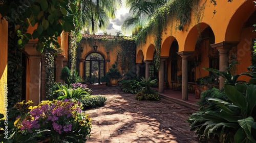 Lush courtyard of a colonial hacienda with vibrant colors