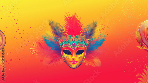 Wallpaper Mural Carnaval de Rio de Janeiro banner with bright red and yellow gradient background, carnival mask iconography with exotic feathers and gemstones in the center Torontodigital.ca