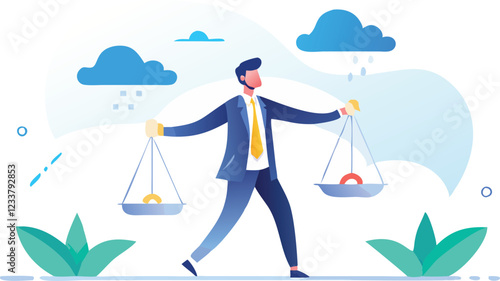 Principles and business ethic to do right things, social responsibility or integrity to earn trust, balance and justice for leadership concept, confident businessman leader lift balance ethical scale.