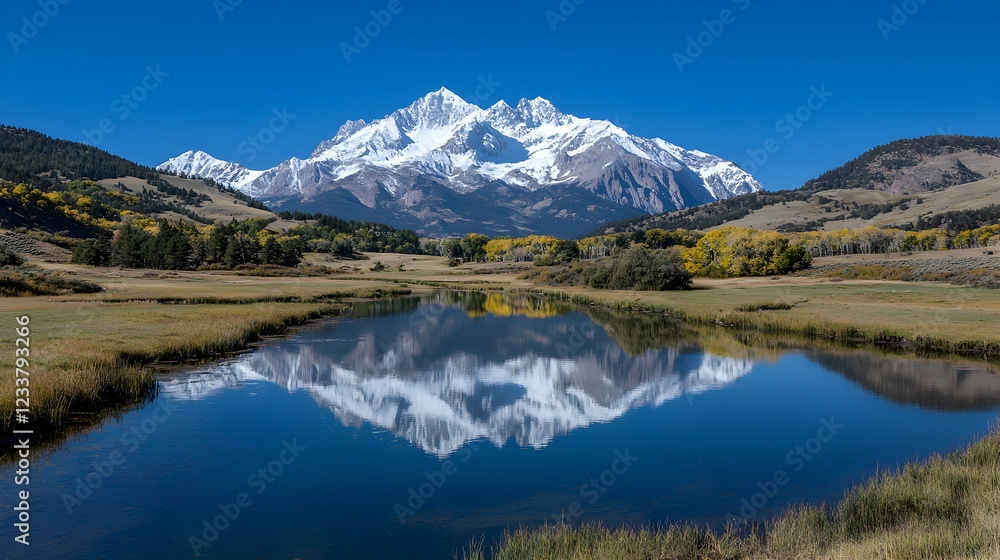 Obraz premium Majestic snow-capped mountain reflected in autumnal lake