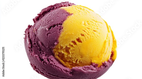 A scoop of ice cream featuring a vibrant mix of yellow and purple mango flavors, isolated against a transparent white background. photo