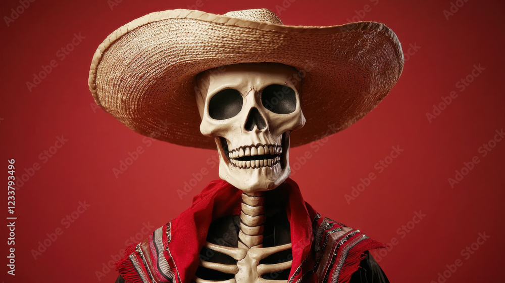 A skeleton wearing a sombrero and traditional attire stands against a vibrant red background, symbolizing cultural festivities. A skeleton wearing a sombrero and traditional attire stands against a vibrant red background, symbolizing cultural festivities.