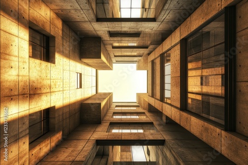 Sunlit concrete atrium, city buildings, low angle, architectural design photo