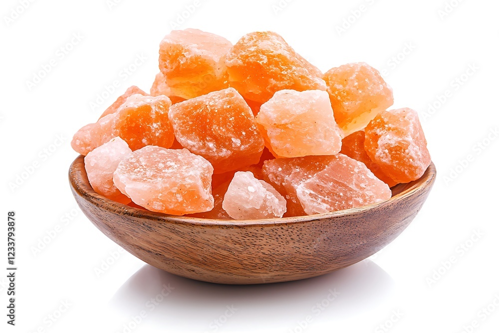 Wooden bowl close-up natural orange himalayan salt crystals in minimalist food photography Wooden bowl close-up natural orange himalayan salt crystals in minimalist food photography