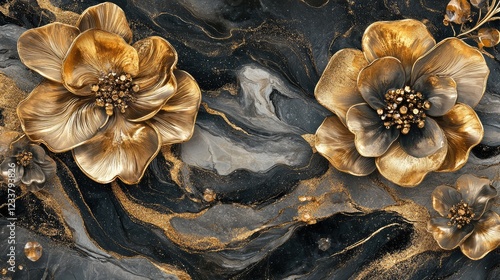 Lutus flower 3d wallpaper for wall frames fractal flowers golden and black liquid marble background. Resin geode and abstract art, functional art, like geode painting.
