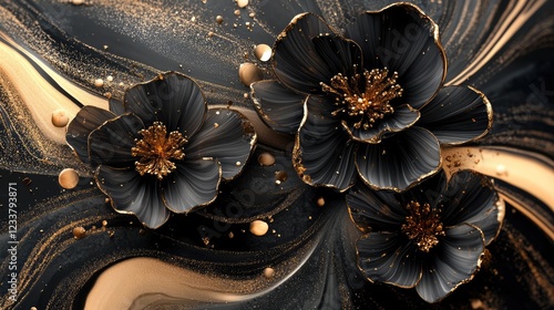 Lutus flower 3d wallpaper for wall frames fractal flowers golden and black liquid marble background. Resin geode and abstract art, functional art, like geode painting.