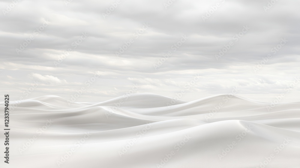 Obraz premium A serene, abstract monochromatic landscape featuring vast, smooth snow-white sand dunes under a softly moving cloudy sky.