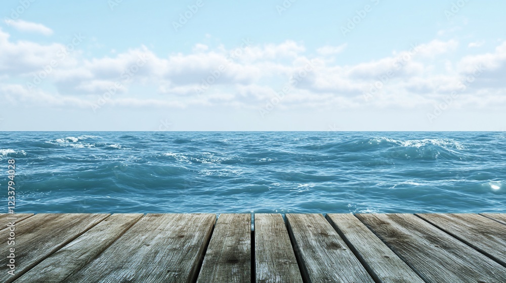 Wooden deck overlooking the ocean with clear blue sky and white clouds Wooden deck overlooking the ocean with clear blue sky and white clouds