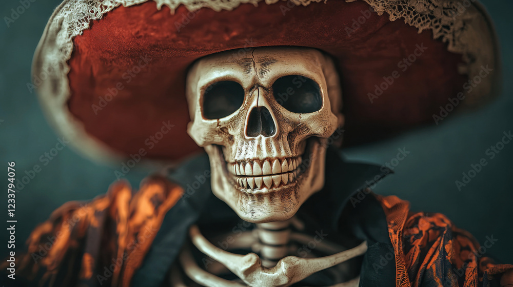 A detailed skeleton in a sombrero and vibrant clothing, exuding a festive yet eerie vibe, capturing a blend of culture and macabre. A detailed skeleton in a sombrero and vibrant clothing, exuding a festive yet eerie vibe, capturing a blend of culture and macabre.