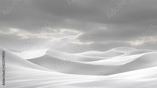 A serene, abstract monochromatic landscape featuring vast, smooth snow-white sand dunes under a softly moving cloudy sky. photo