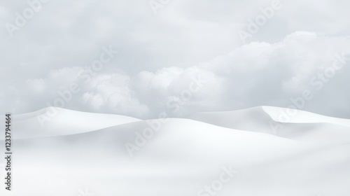 A serene, abstract monochromatic landscape featuring vast, smooth snow-white sand dunes under a softly moving cloudy sky. photo