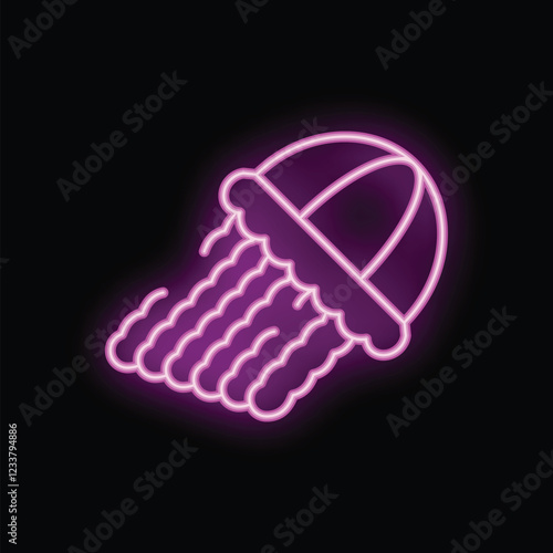 Neon sign of a jellyfish with glowing tentacles on a black background