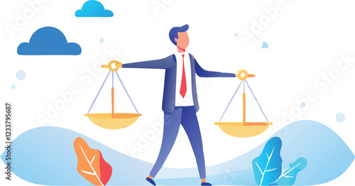 Principles and business ethic to do right things, social responsibility or integrity to earn trust, balance and justice for leadership concept, confident businessman leader lift balance ethical scale.