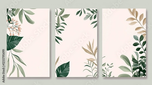 Wallpaper Mural Set of abstract floral invitation card background .  Pastel geometric pattern with fern leaves on white background Torontodigital.ca