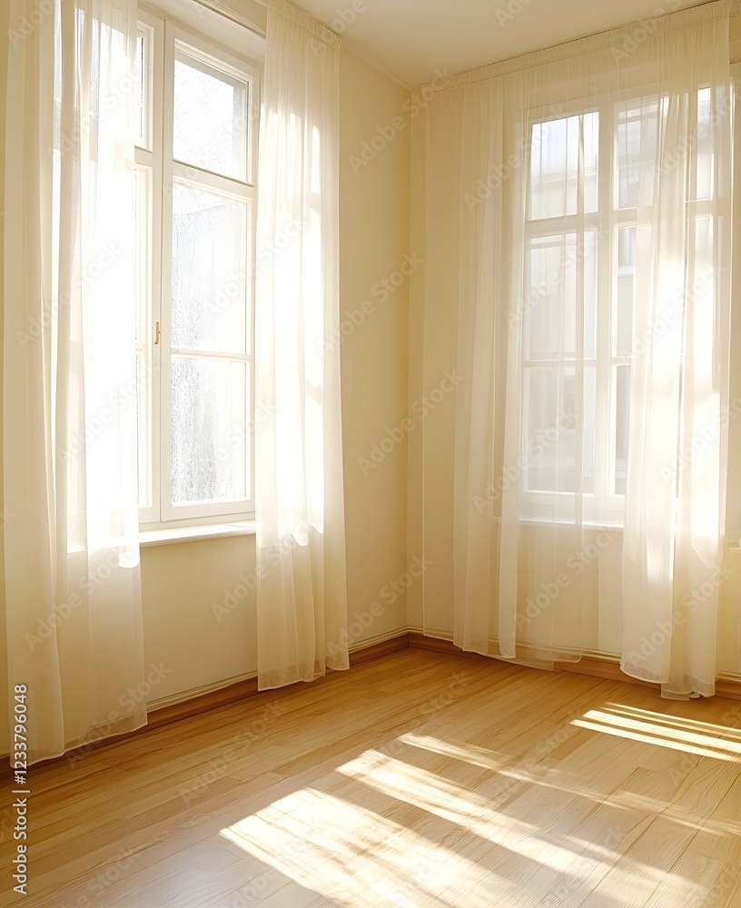 Fototapeta premium A photograph of an empty wall in the corner of a room with light wood floors, white walls, and soft sunlight streaming through sheer curtains. The image should have a warm color palette and 