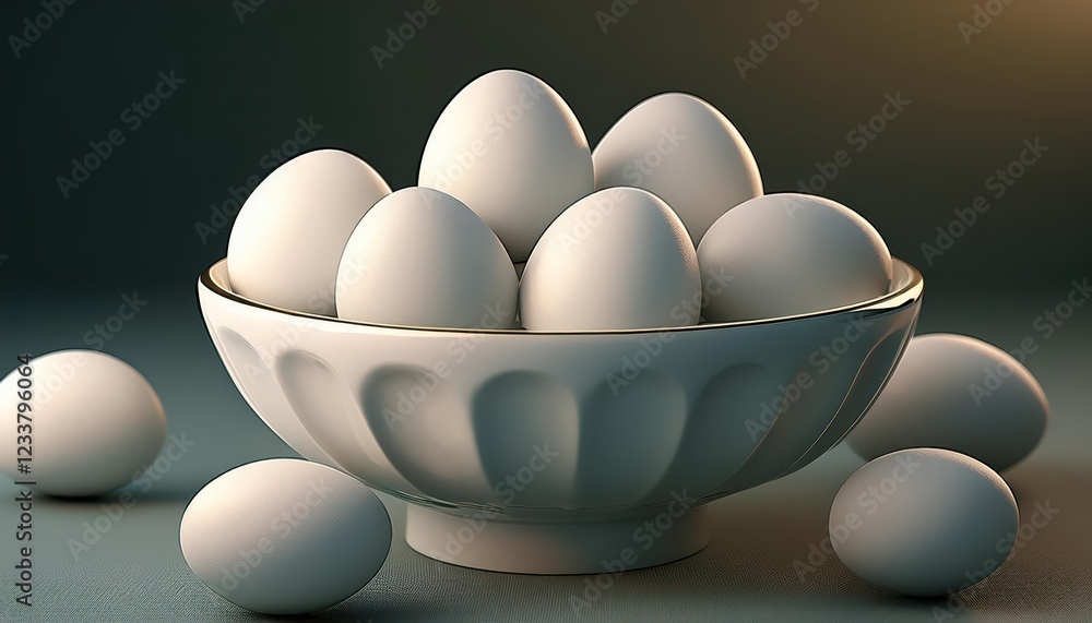 Pristine White Eggs Arranged Artfully in a Spotless White Bowl Against a Minimalist Background, Creating an Air of Tranquility and Simplicity. Pristine White Eggs Arranged Artfully in a Spotless White Bowl Against a Minimalist Background, Creating an Air of Tranquility and Simplicity.
