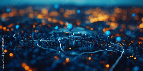 Blue Pins on Urban Map – Global Network Visualization and Communication, Travel Concept, Generative AI