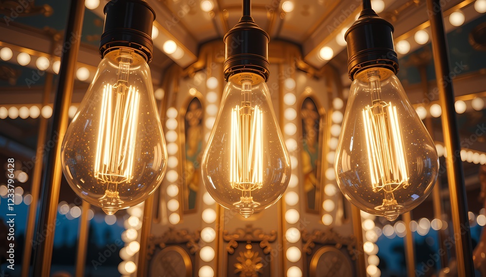 Three illuminated Edison bulbs hanging in front of a carousel. Three illuminated Edison bulbs hanging in front of a carousel.