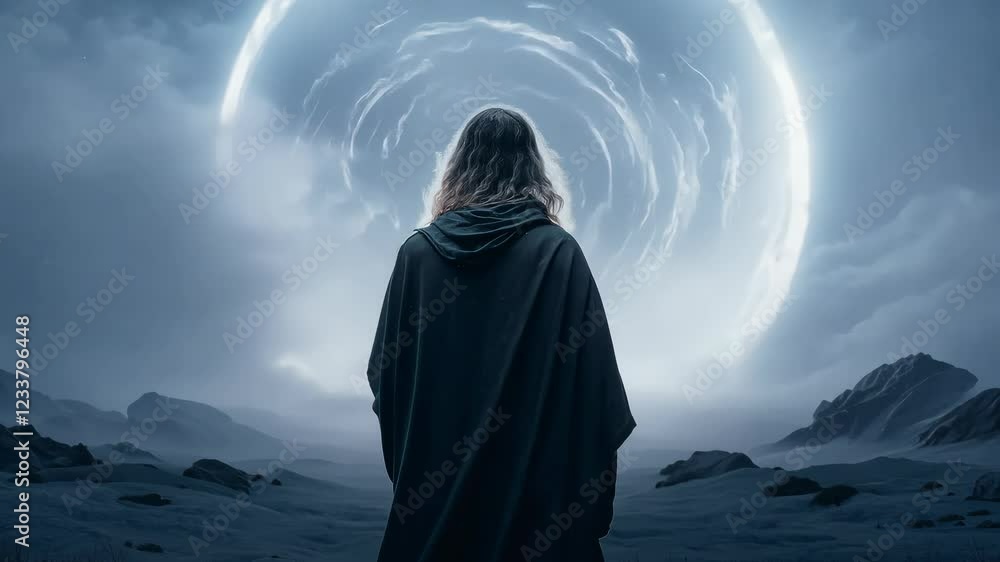 Hooded figure standing before a mystical time vortex in a mysterious mountain landscape Hooded figure standing before a mystical time vortex in a mysterious mountain landscape