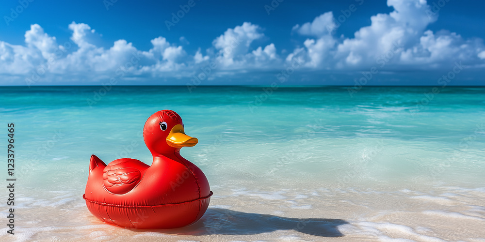 Red Duck Pool Float on a Crystal-Clear Beach with White Sand, Travel Concept, Generative AI Red Duck Pool Float on a Crystal-Clear Beach with White Sand, Travel Concept, Generative AI