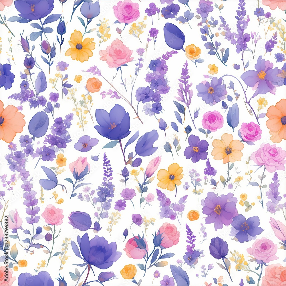 Fototapeta premium Elegant seamless floral pattern featuring hand-painted watercolor flowers in shades of pink, white, and purple with delicate leaves. 