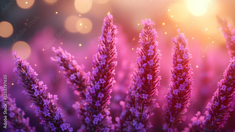 Fototapeta premium Purple Lavender Flowers at Sunset with Bokeh Lighting
