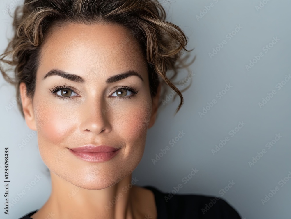 Fototapeta premium A woman with short curly hair and a black shirt