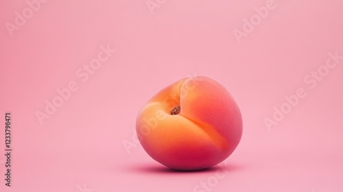 A single ripe peach fruit is set against a minimal peach fuzz color background, emphasizing its natural beauty and vibrant hue. photo