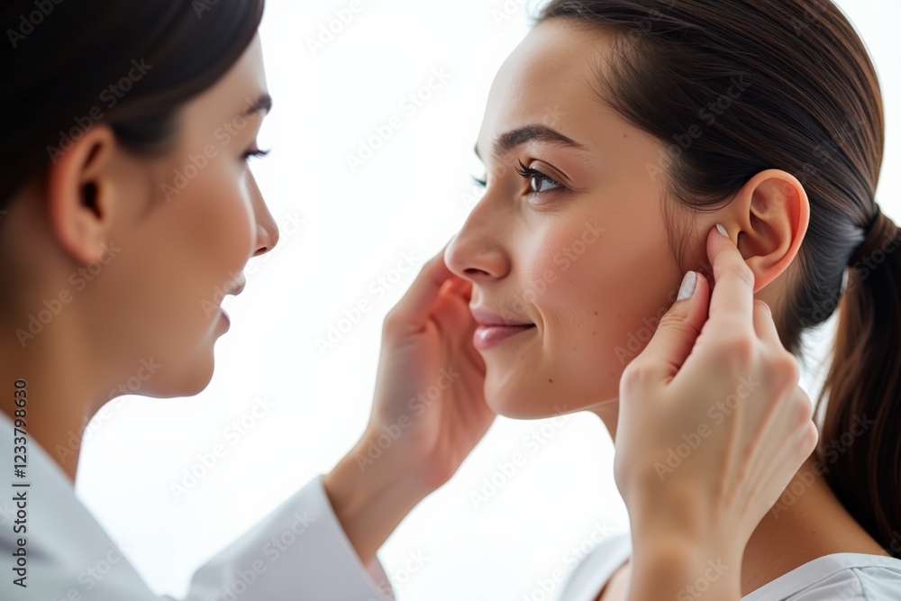 Facial Examination of a Young Woman by a Female Healthcare Professional in a Bright Clinical Setting Focused on Skin Health and Aesthetic Care Facial Examination of a Young Woman by a Female Healthcare Professional in a Bright Clinical Setting Focused on Skin Health and Aesthetic Care