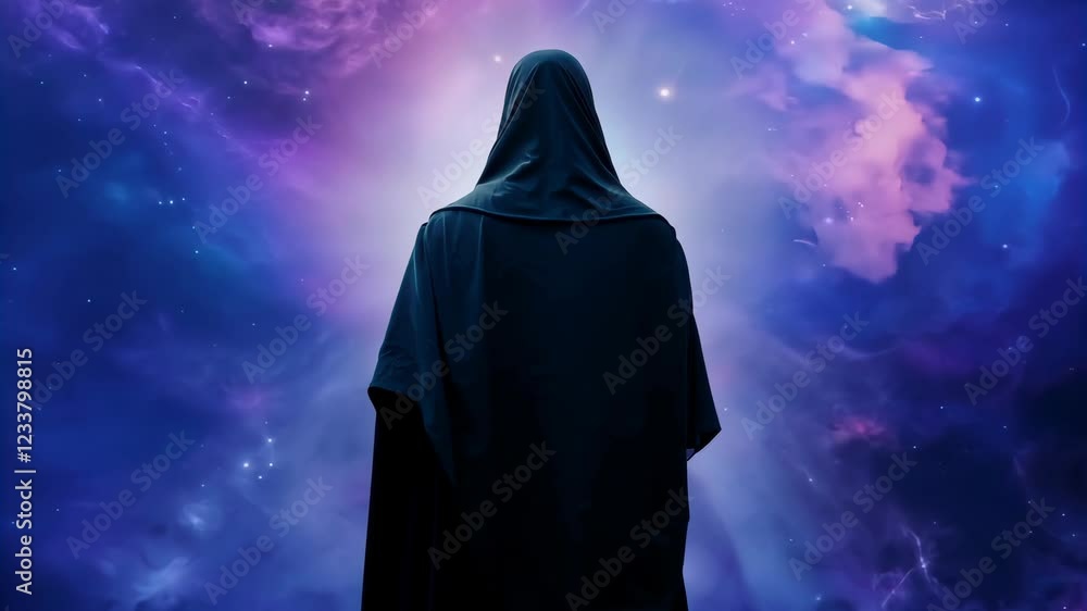 Mysterious figure in cosmic hooded cloak against vibrant nebula backdrop Mysterious figure in cosmic hooded cloak against vibrant nebula backdrop