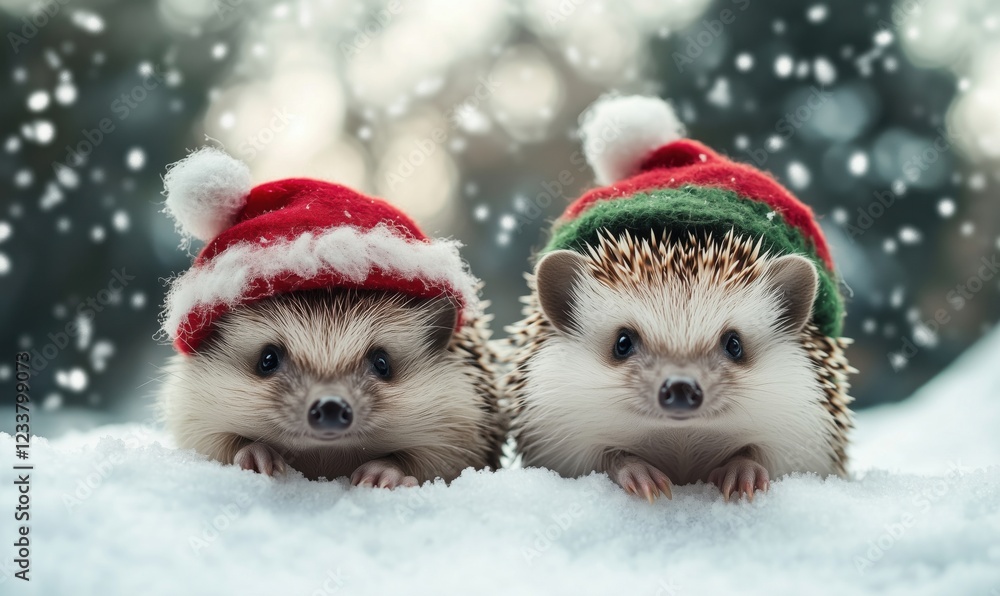 Adorable hedgehogs wearing Christmas hats in snowy winter landscape, festive holiday spirit, cute animals, winter wonderland Adorable hedgehogs wearing Christmas hats in snowy winter landscape, festive holiday spirit, cute animals, winter wonderland