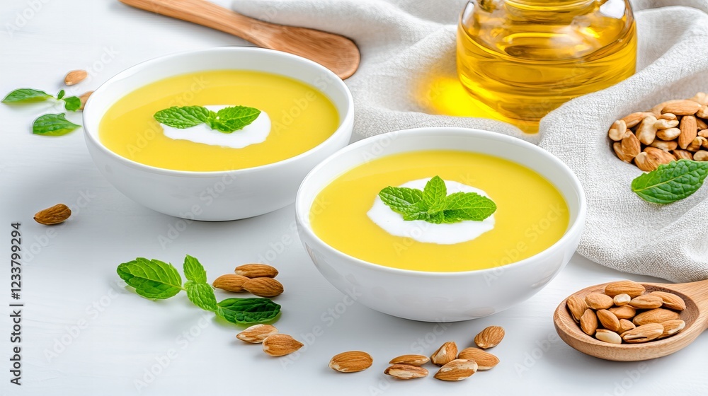 Chilled almond soup with mint garnish and oil display