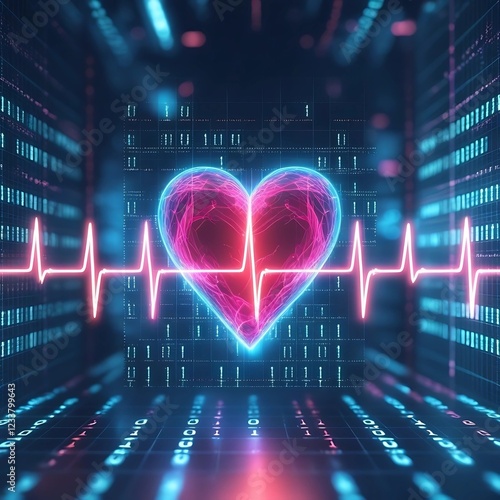 A virtual heart pulsing with energy, surrounded by digital grids and binary code. The heart glows in neon colors, representing the heartbeat of love in a digital world photo