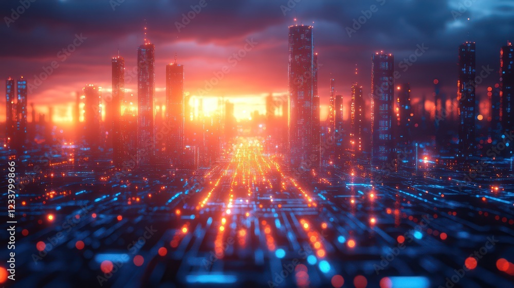 Fototapeta premium Futuristic Cityscape at Sunset: A Digital Metropolis