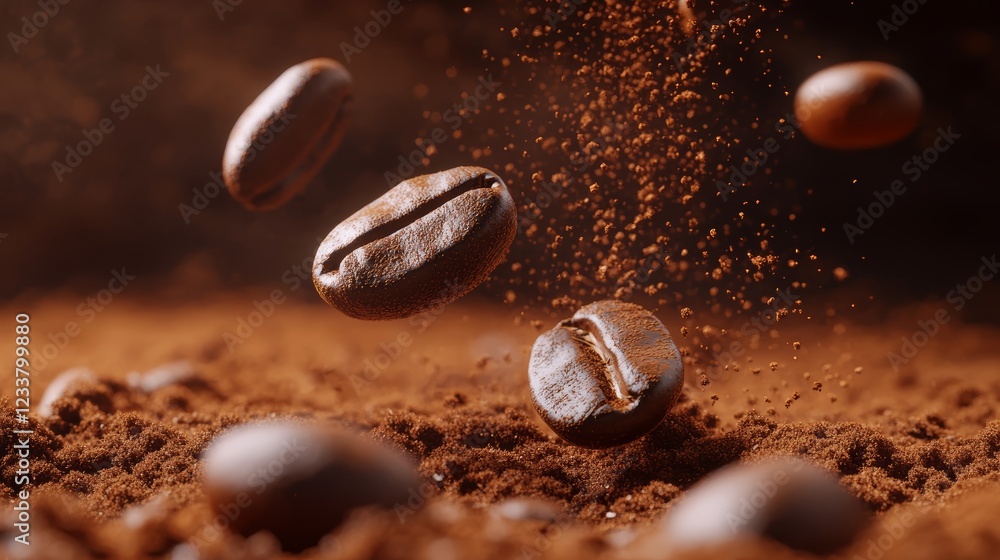 Roasted Coffee Beans Falling into Ground Coffee 3D Render Closeup Brown Background Roasted Coffee Beans Falling into Ground Coffee 3D Render Closeup Brown Background