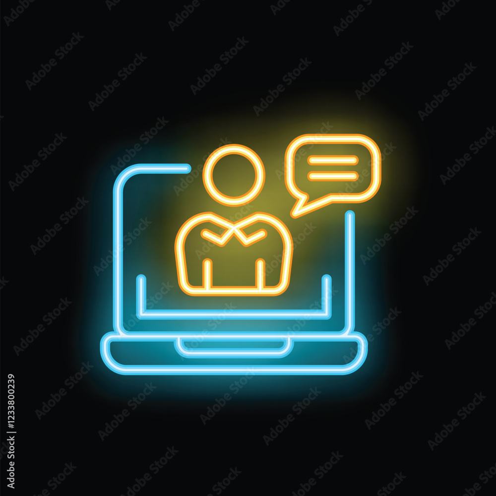 Neon icon of a businessman speaking on a video call on a laptop, with a speech bubble Neon icon of a businessman speaking on a video call on a laptop, with a speech bubble