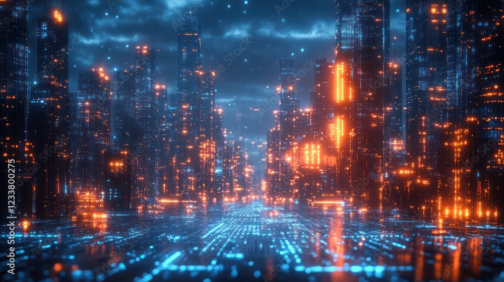 Fototapeta premium Cyberpunk Cityscape: Neon Lights and Digital Streets