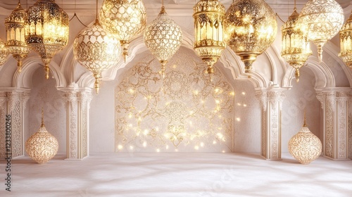 Luxurious Arabian background with ornate lanterns in white and gold