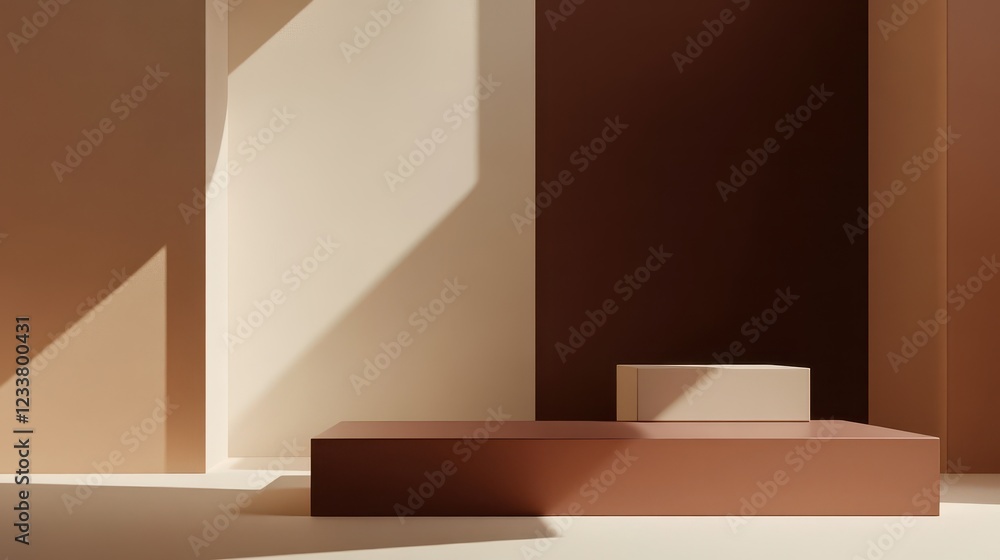 A sleek and minimal product studio setup featuring a geometrical rectangular podium in light maroon and dark beige colors. A sleek and minimal product studio setup featuring a geometrical rectangular podium in light maroon and dark beige colors.