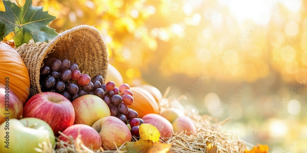 Harvest bounty cornucopia filled with apples, grapes, pumpkins, autumn leaves, warm sunlight, seasonal celebration Harvest bounty cornucopia filled with apples, grapes, pumpkins, autumn leaves, warm sunlight, seasonal celebration
