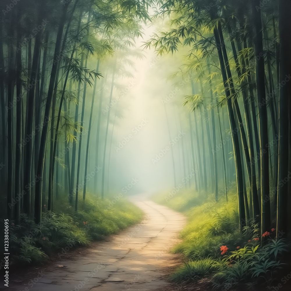 Naklejka premium Path Through a Misty Bamboo Forest with Sunlight Filtering Through