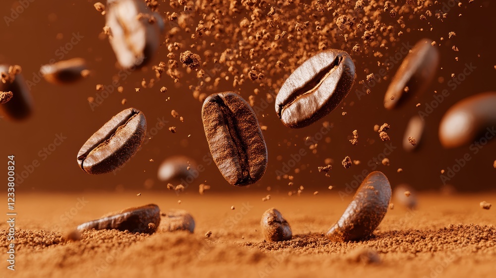 Roasted Coffee Beans Falling into Ground Coffee 3D Render Brown Background Food Photogr Roasted Coffee Beans Falling into Ground Coffee 3D Render Brown Background Food Photogr
