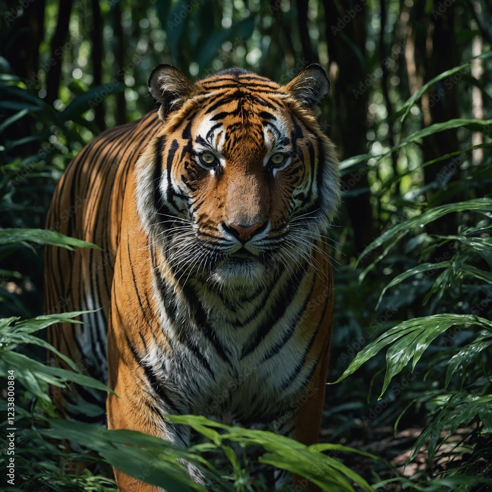 Fototapeta premium Majestic Tiger in Lush Jungle wild jungle Siberian tiger wildlife Bengal feline Asian tiger A tiger emerging from the dense undergrowth, its fur glistening with morning dew.