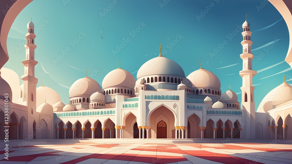 Fototapeta premium Stunning vector illustration of a grand mosque courtyard, showcasing intricate architectural details under a clear blue sky.